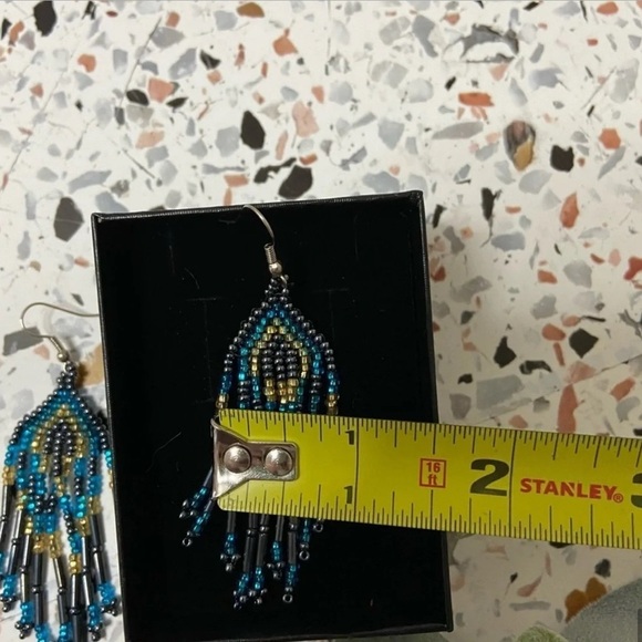 Bohemian Blue Gold Beaded Dangle Earrings Sterling Silver Eclectic Tribal NEW - Picture 5 of 8